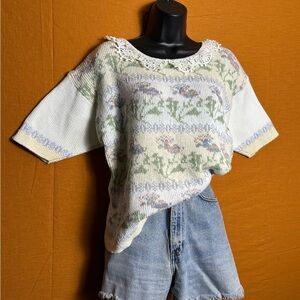 Vintage Floral Knit Sweater with Lace Collar